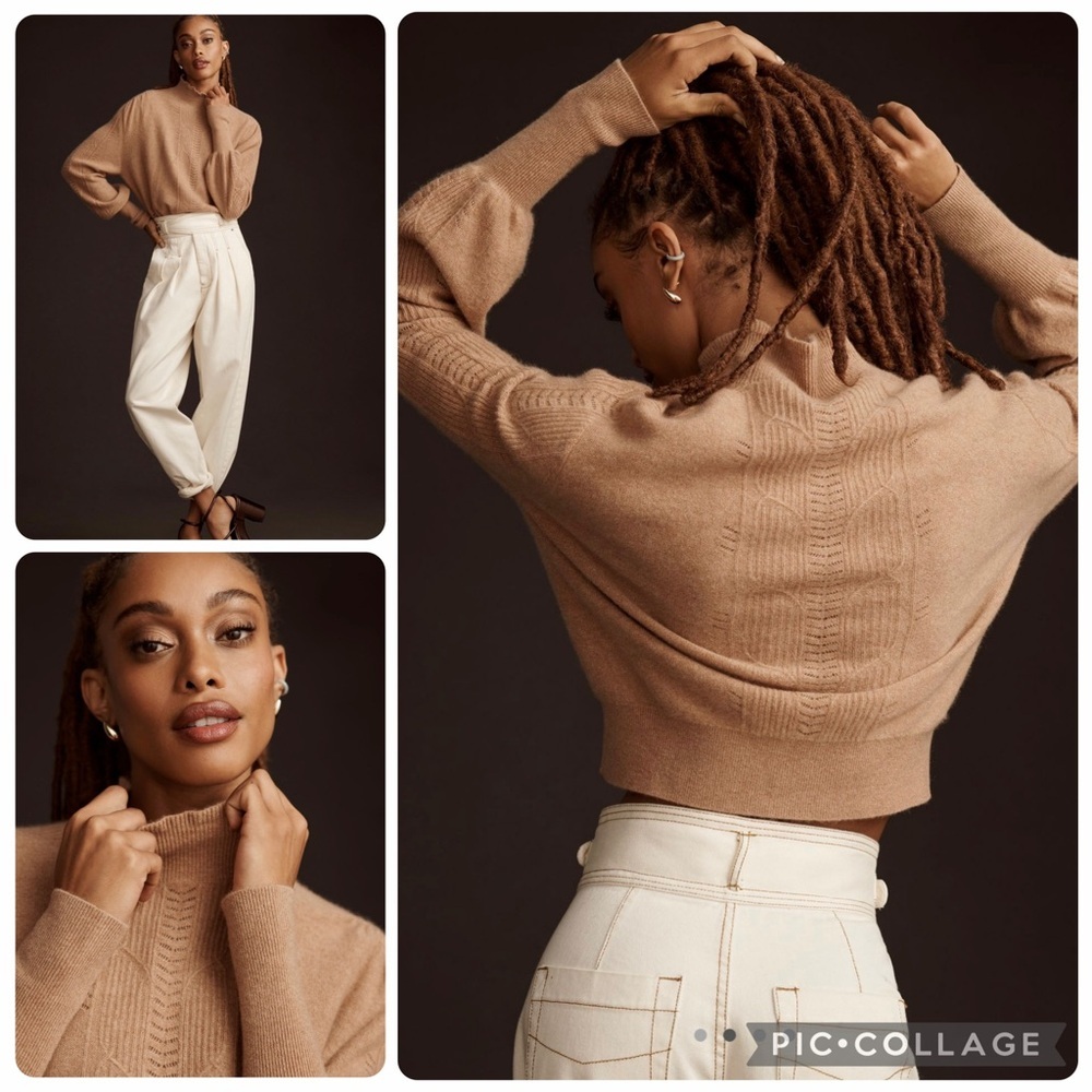 Small Anthropologie cashmere ruffle sweater mock neck cable knit honey tan - Picture 9 of 16